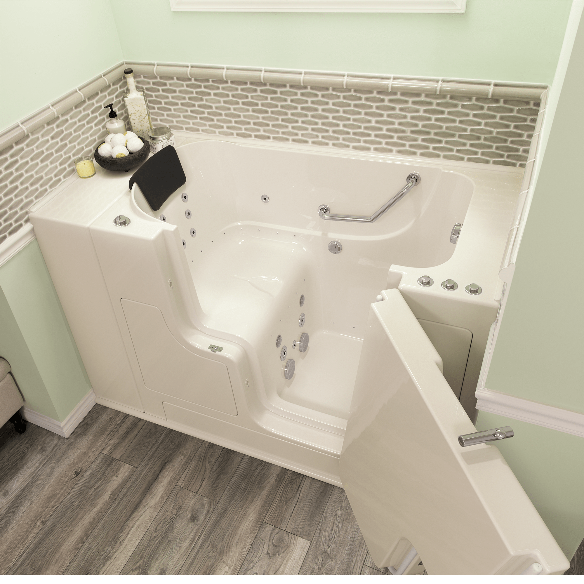 Gelcoat Premium Series 30 x 52  Inch Walk in Tub With Combination Air Spa and Whirlpool Systems   Right Hand Drain WIB LINEN